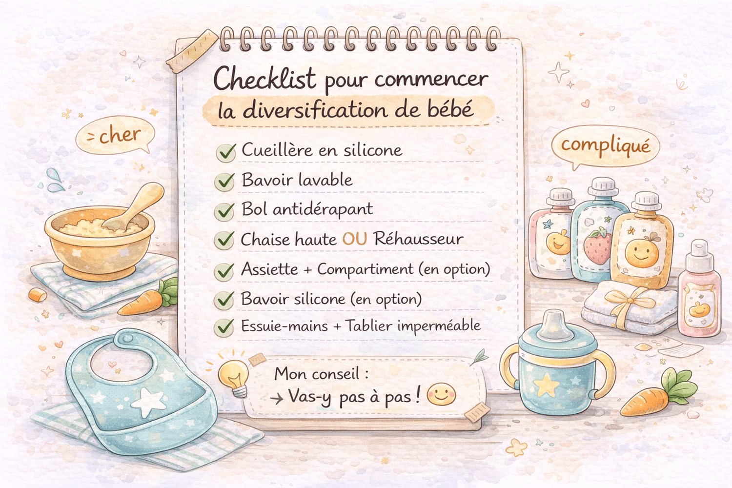 Illustration doodle checklist des indispensables pour commencer la diversification alimentaire de bébé : cuillère, bavoir, bol, chaise haute et accessoires optionnels.