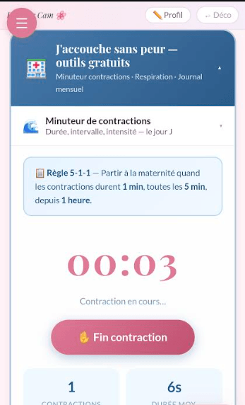 Capture du minuteur de contractions dans l'application