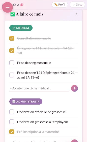 Capture de la checklist mensuelle dans l'application