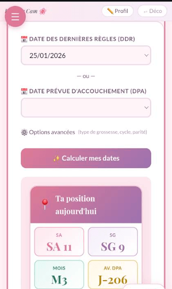 Capture du calculateur grossesse dans l'application