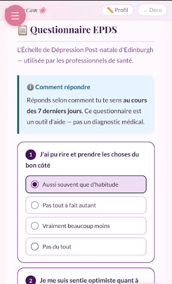Capture du questionnaire EPDS dans l'application