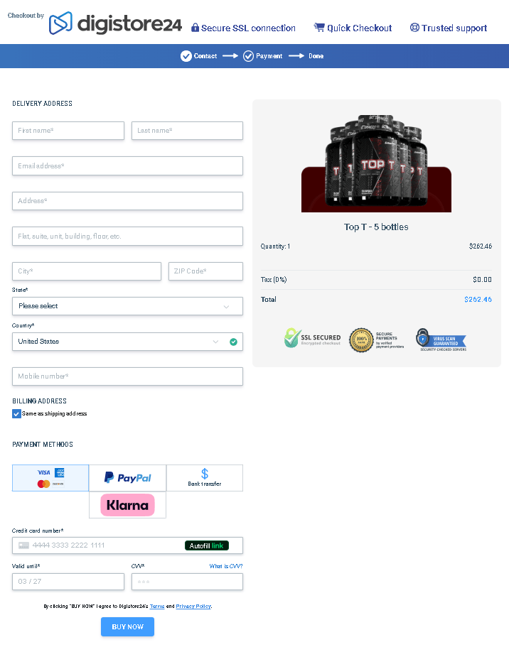 Enhanced TOP T checkout page