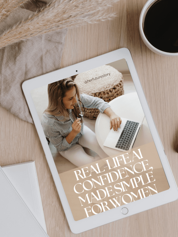 Tablet on table with calm workspace and coffee cup.Woman using a laptop at home Her Future Story cover