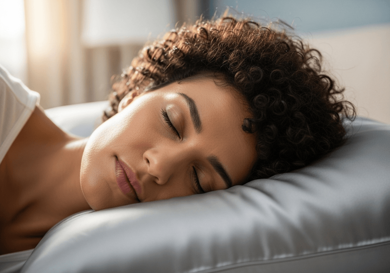 Woman with curly hair sleeping peacefully on a silk pillowcase to prevent frizz