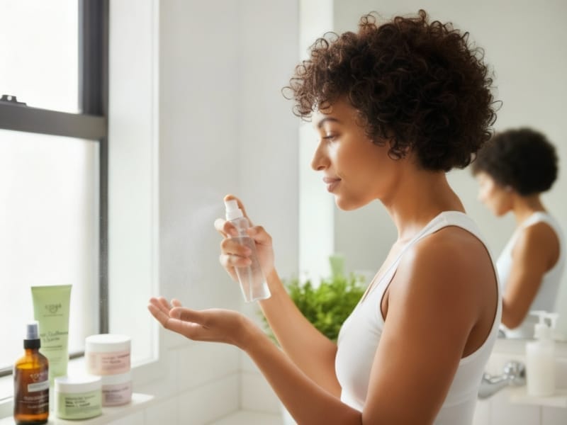 Woman refreshing short curly hair with water mist as part of morning routine