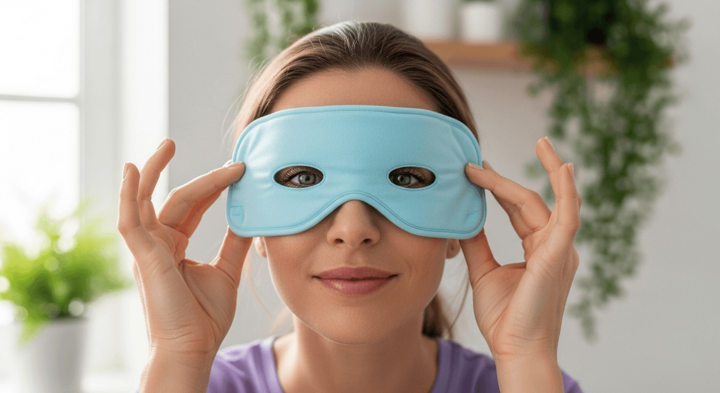Woman with refreshed eyes after using cooling eye mask, demonstrating quick eye care for busy women