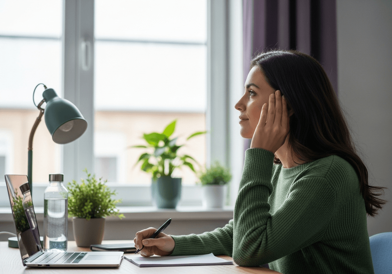 Woman taking a screen break using the 20-20-20 rule to reduce eye strain and fatigue