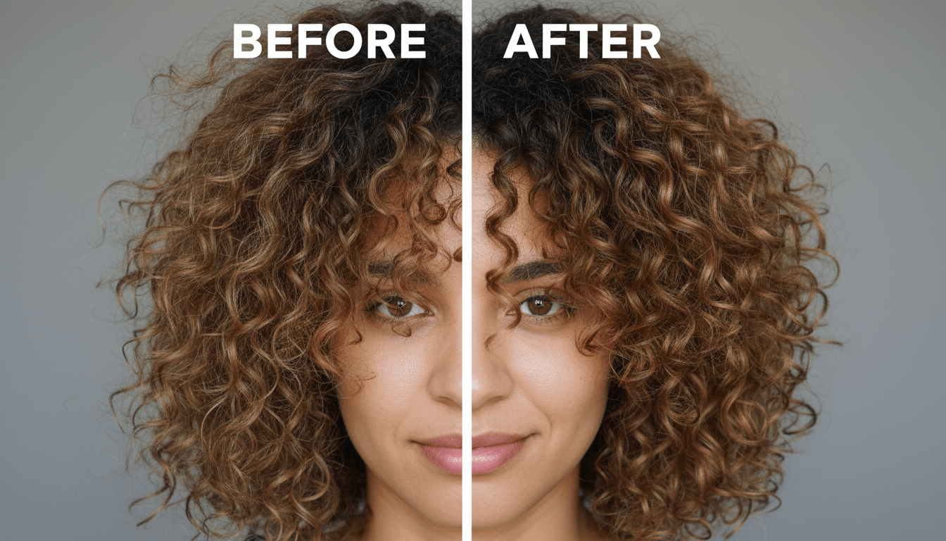 Before and after comparison of damaged versus repaired curly hair