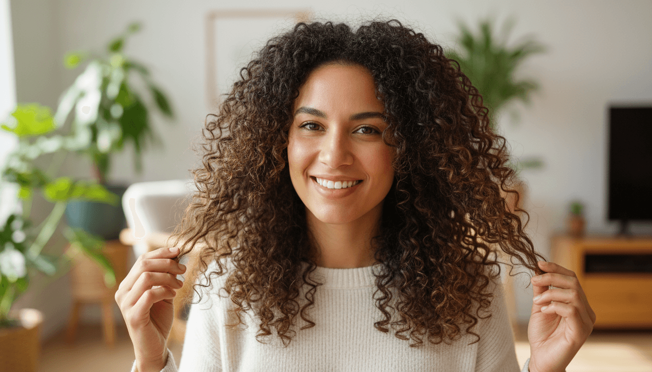 Woman with healthy, repaired curly hair showing shine and bounce