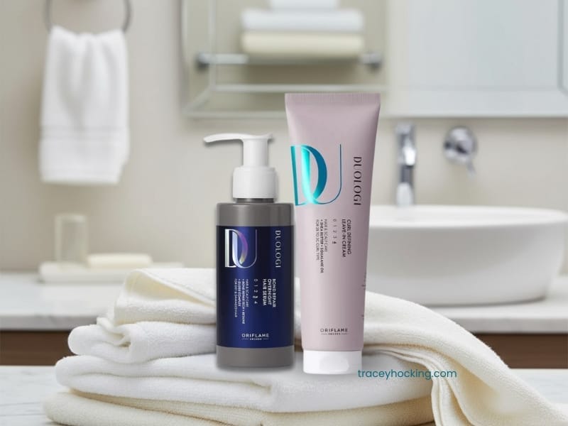 Flatlay of recommended curl care products for repairing damaged hair