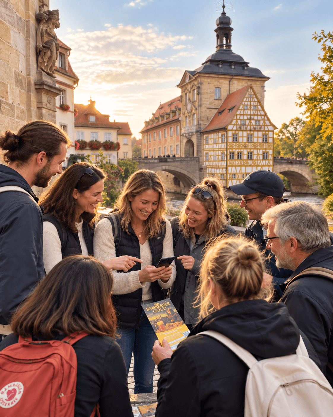 Gruppe in Bamberg vor dem Alten Rathaus beim Spielen des Outdoor Escape Games Das Bamberger Gold Teamevent