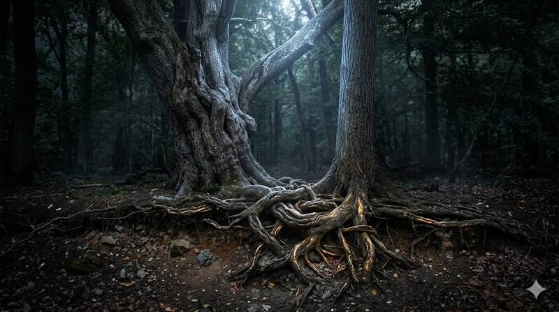 Radici intrecciate di un grande albero