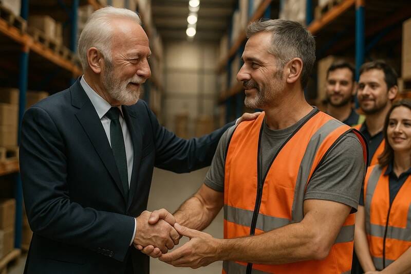 Stretta di mano con un collaboratore in magazzino