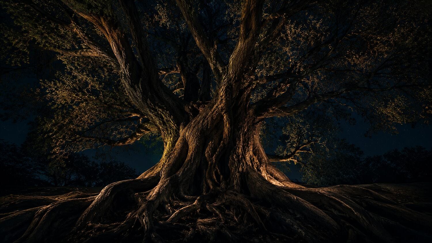 Grande albero secolare illuminato nella notte
