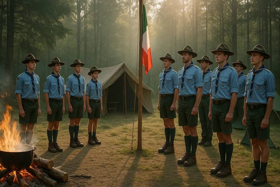 Gruppo scout schierato accanto alla bandiera