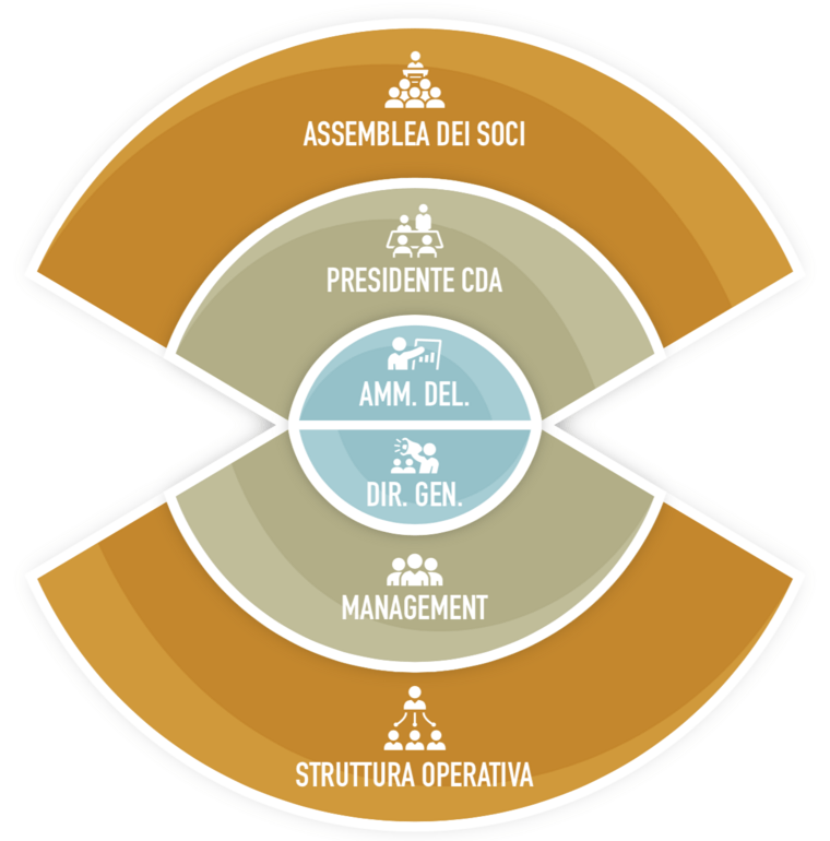 Schema dei livelli di governo: assemblea, presidente, AD, direzione, management, struttura