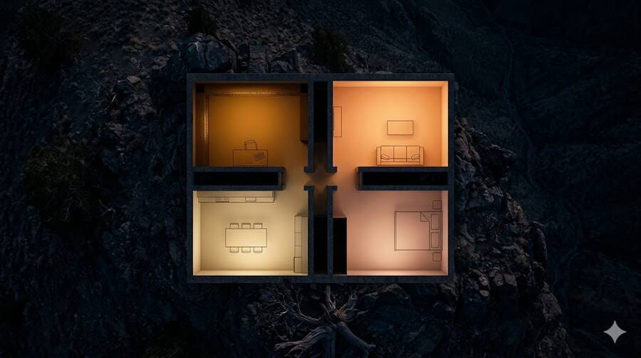 Pianta di una casa con quattro stanze illuminate