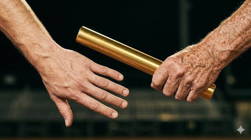 Mani che si passano un testimone dorato