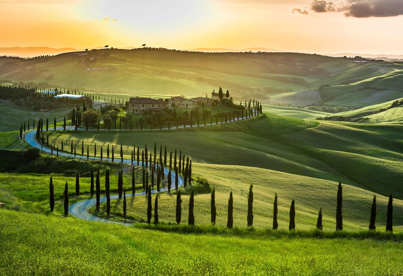 Strada bianca tra i cipressi in Toscana