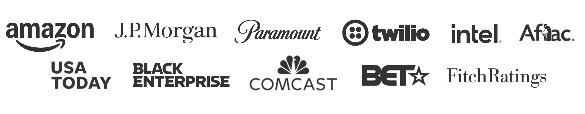 Featured in partnered with Amazon JP Morgan Chase Paramount Twilio USA Today BET Black Enterprise Comcast Aflac Intel Fitch Ratings