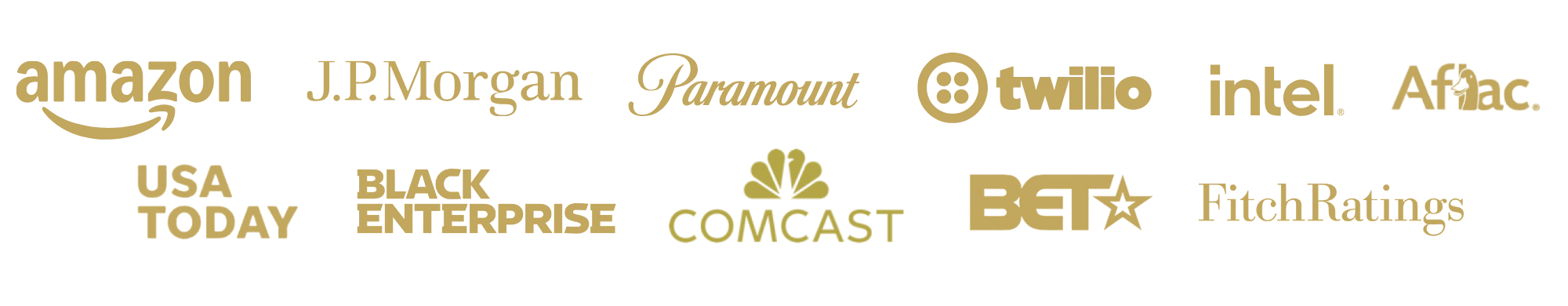 Logo section for Featured in partnered with Amazon, JPMorgan Chase, Paramount, Twilio, USA Today, BET, Black Enterprise, Comcast, Aflac, Intel, Fitch Ratings