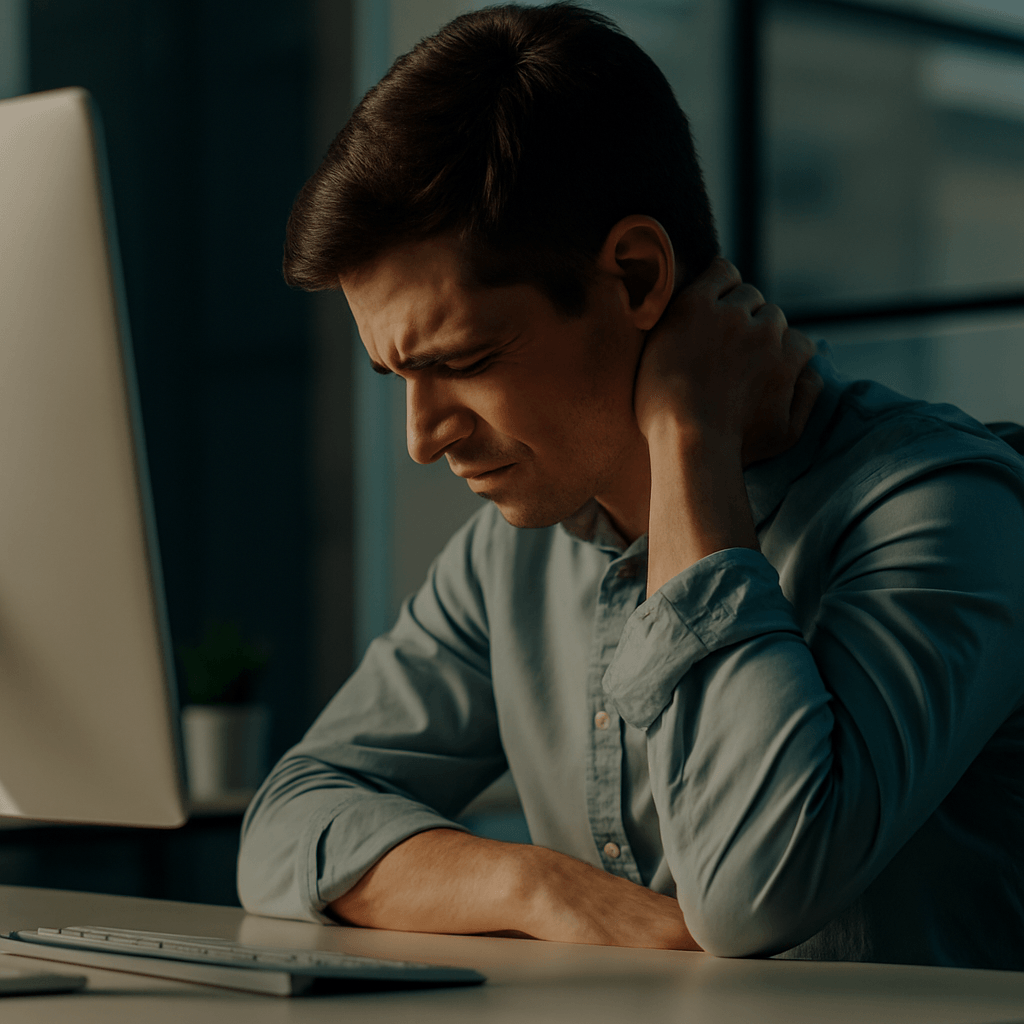 Office worker slouching at desk and rubbing neck from strain