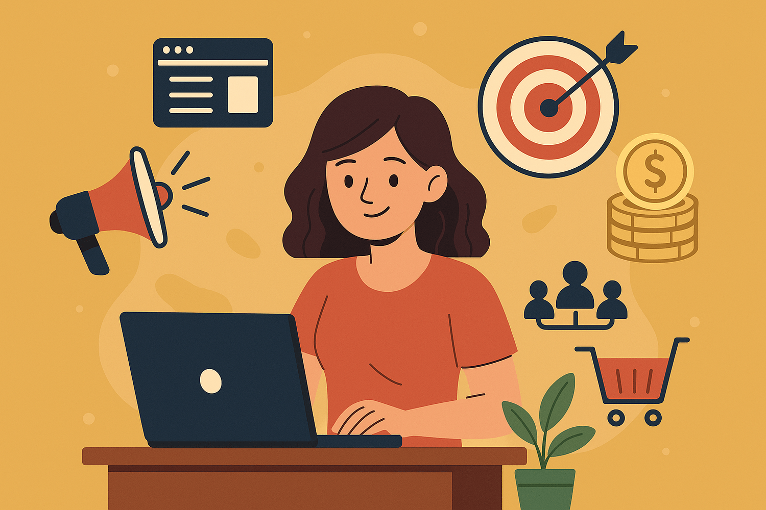 Illustration of a woman at a laptop surrounded by marketing icons—website window, megaphone, target, coins, audience, and shopping cart—visual for “2 Tools Running My Business While I Sleep.”