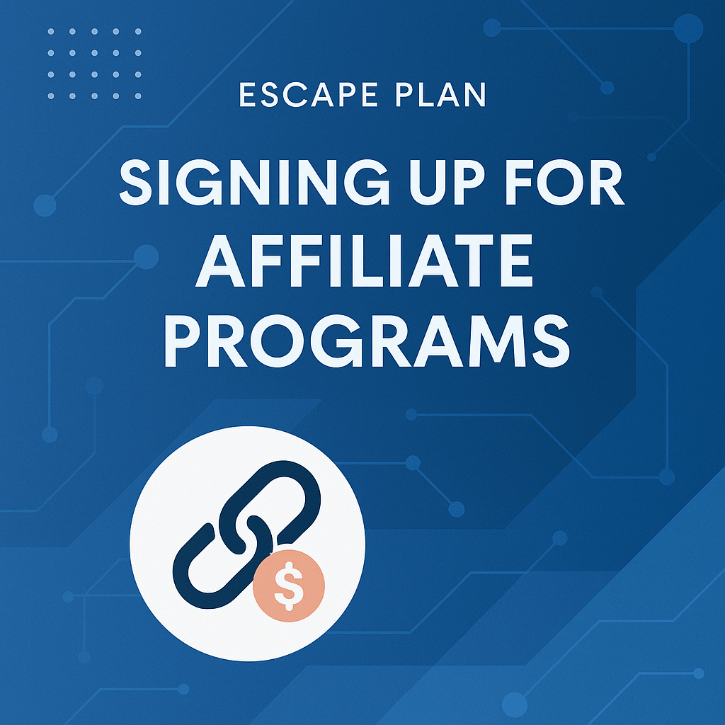 Blue tech-style graphic with the headline “Escape Plan — Signing Up for Affiliate Programs” and a chain-link icon with a dollar symbol.