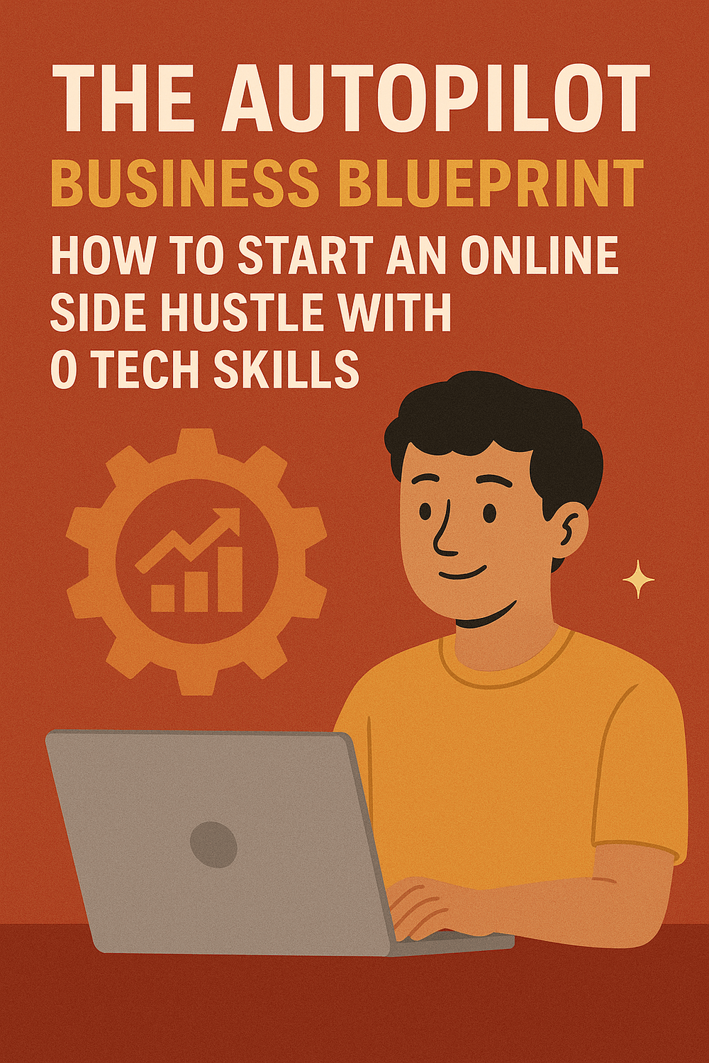 Poster-style graphic titled “The Autopilot Business Blueprint — How to Start an Online Side Hustle with 0 Tech Skills,” showing a smiling person at a laptop with a gear and growth chart icon; warm orange palette.