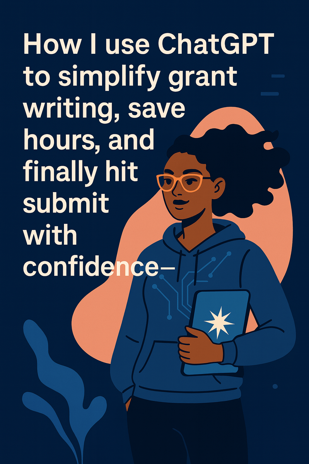 Poster-style graphic reading “How I use ChatGPT to simplify grant writing, save hours, and hit submit with confidence,” showing a woman holding a tablet; navy and coral brand palette.