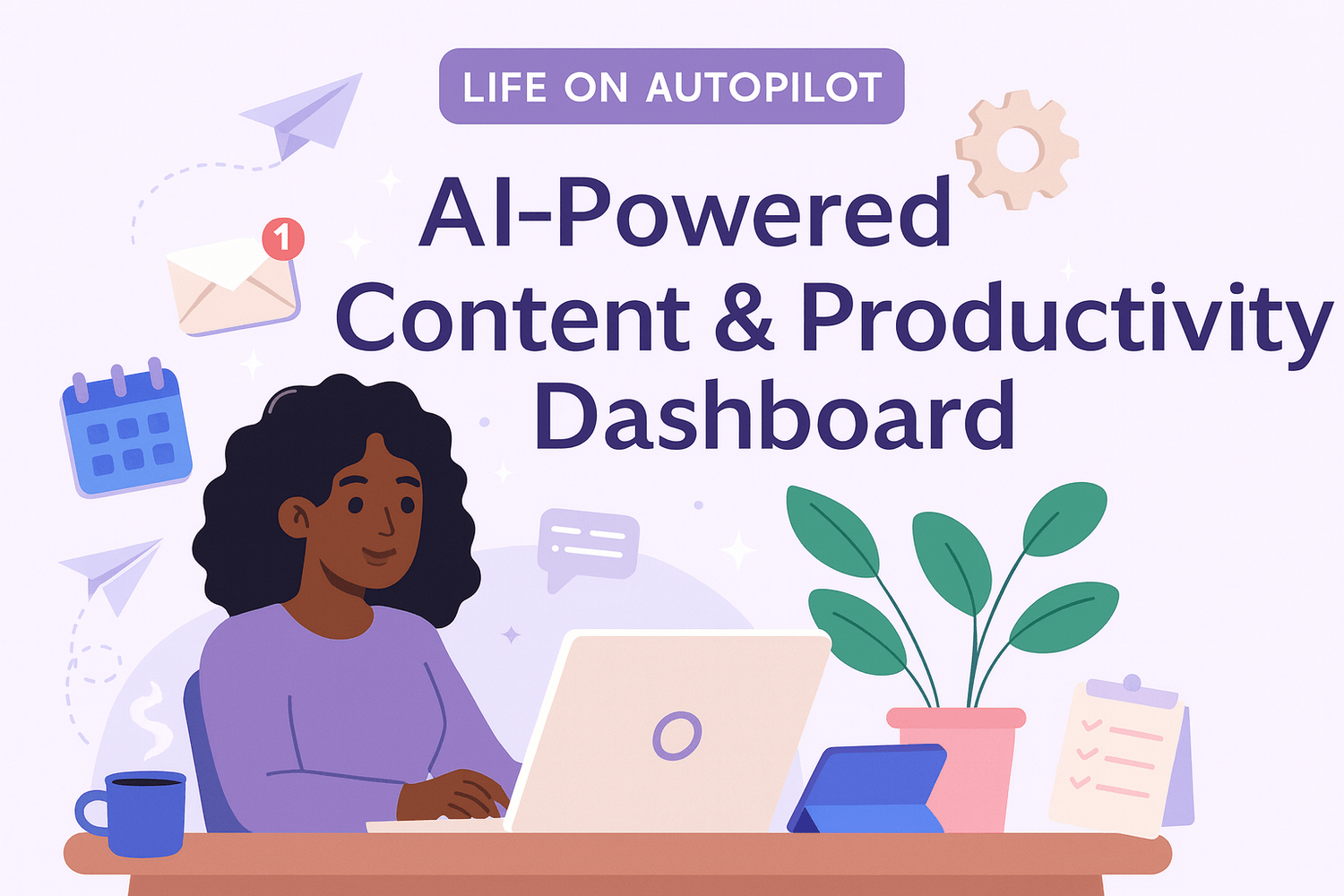 ALT: Purple card reading “Life on Autopilot — AI Content Dashboard. Save 10+ hours a week with one simple, visual system for busy creators,” with a chip/gear icon and a purple “AI-Powered Content & Productivity Dashboard"