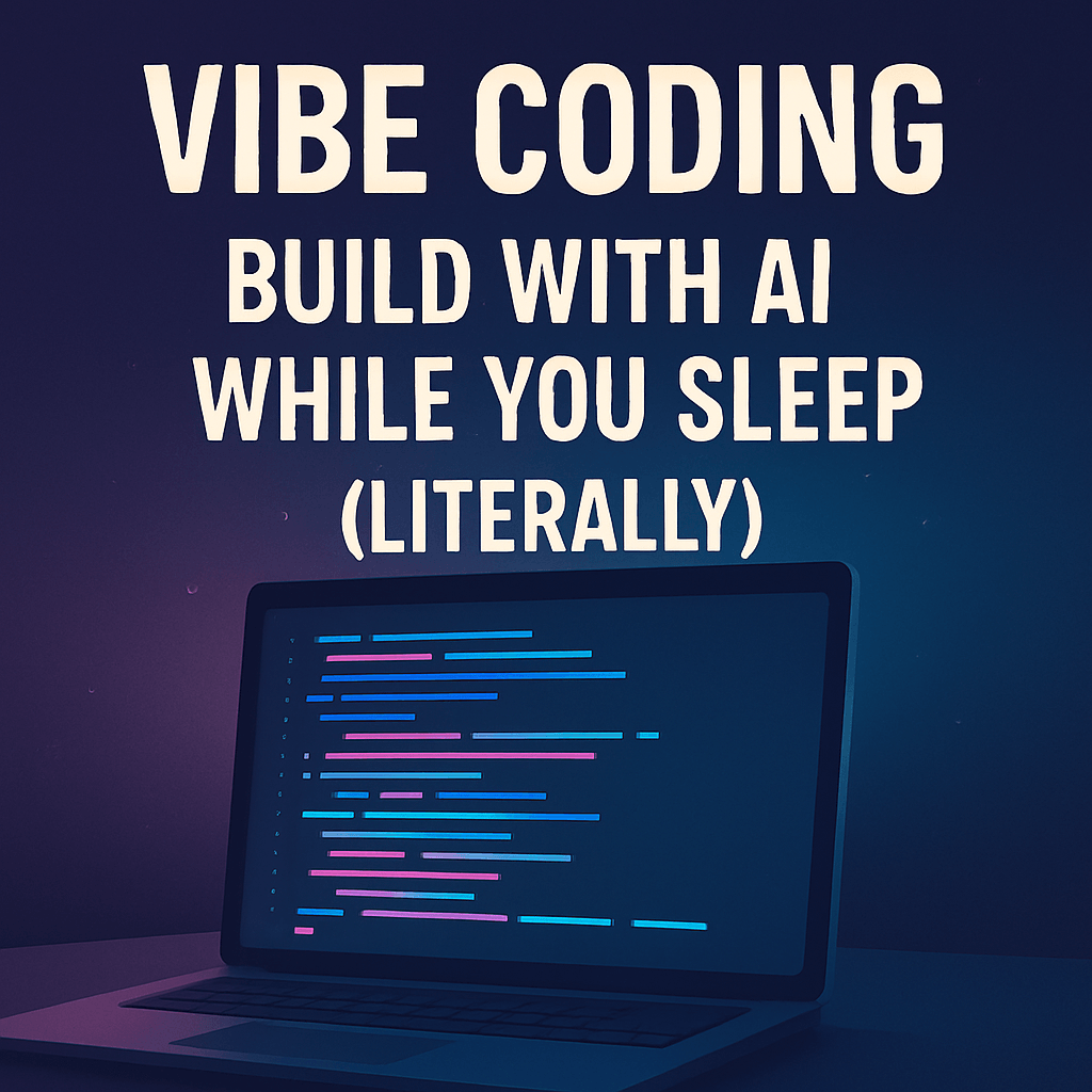 ALT: Poster reading “Vibe Coding — Build with AI While You Sleep (Literally)” over a laptop showing neon code lines on a dark gradient background.