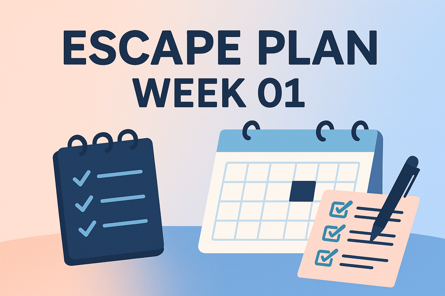 Escape Plan Week 01 cover with calm desk, checklist, and calendar blocks
