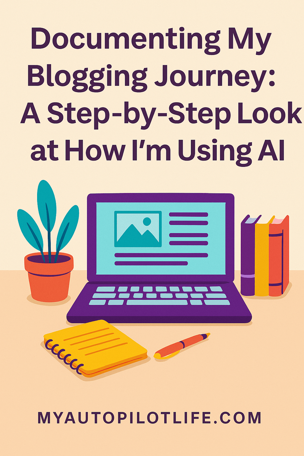 Vertical Pinterest graphic with headline “Documenting My Blogging Journey: A Step-by-Step Look at How I’m Using AI,” showing a purple laptop, notebook, pen, and plant; promotes my Week 01 Escape Plan post.