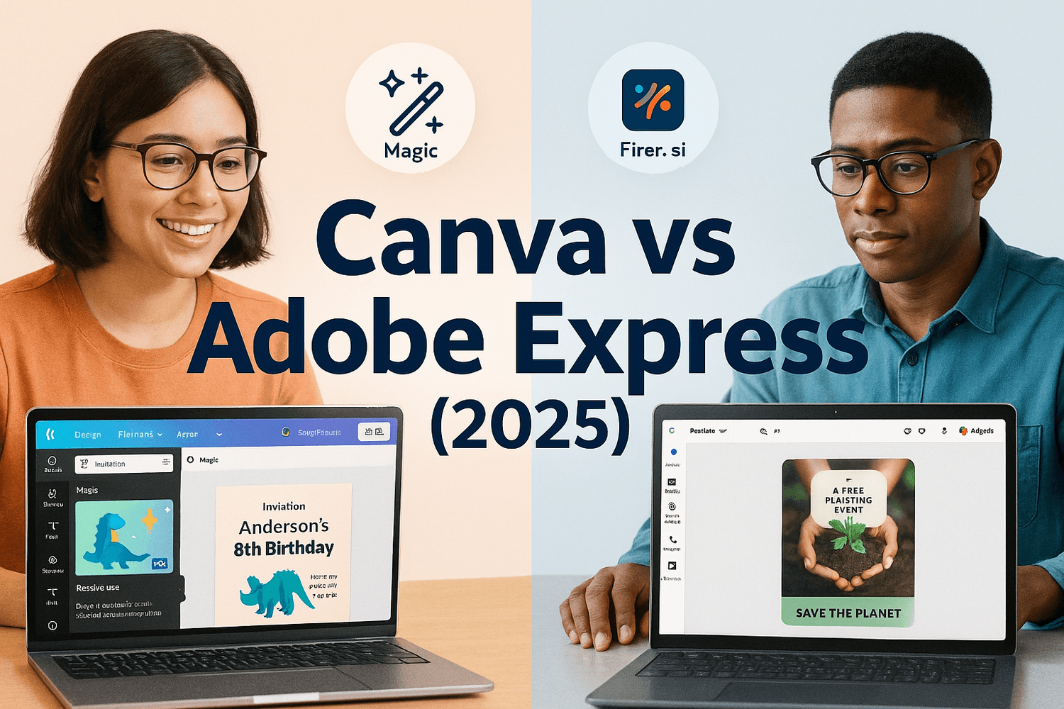 Canva vs Adobe Express 2025 — hero collage showing both editors and AI badges.