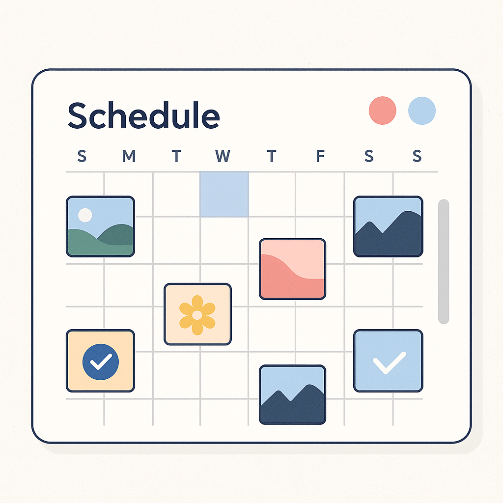 Clean calendar UI with queued post tiles—visual cue for built-in schedulers in Canva and Adobe Express.