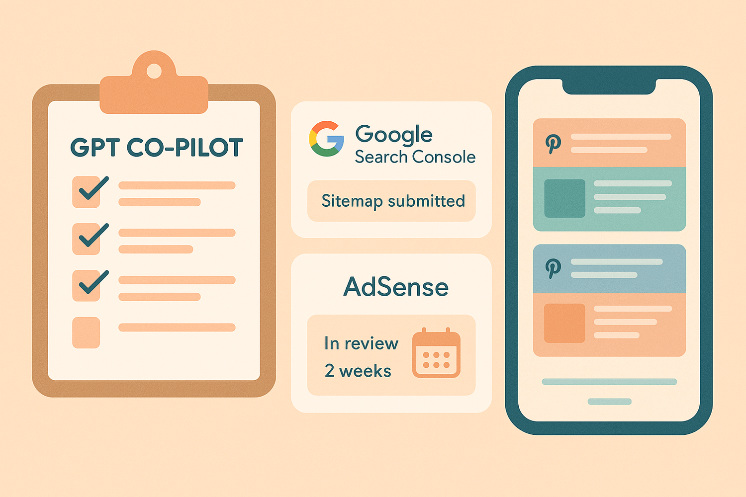 Collage of my GPT checklist, sitemap submitted, AdSense in review, and three Pinterest Pins per post