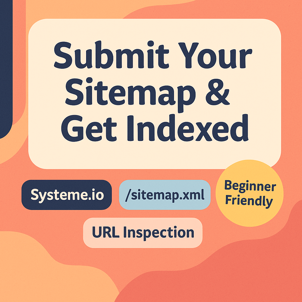 Hero title image: “Submit Your Sitemap & Get Indexed” with badges for Systeme.io, /sitemap.xml, and URL Inspection.