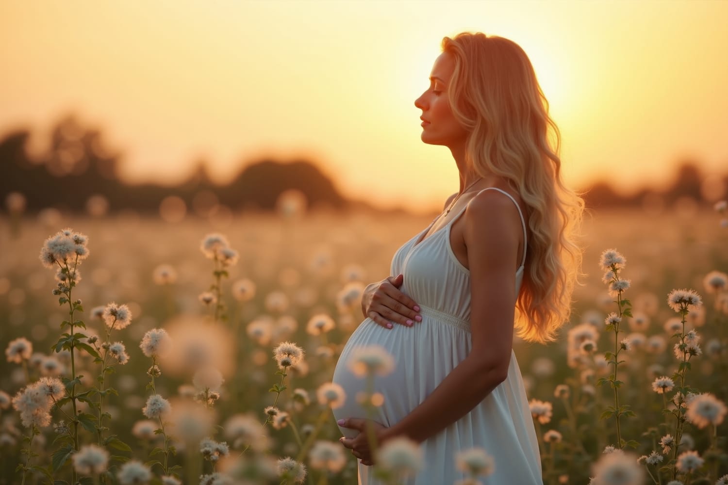 Pregnant woman standing in flower meadow