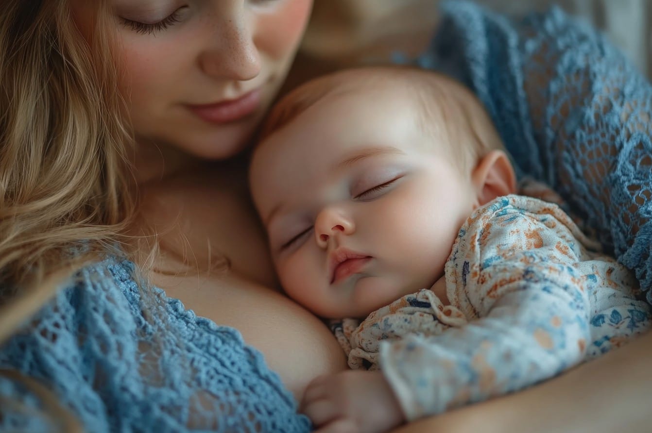 Mother holding sleeping baby on her chest