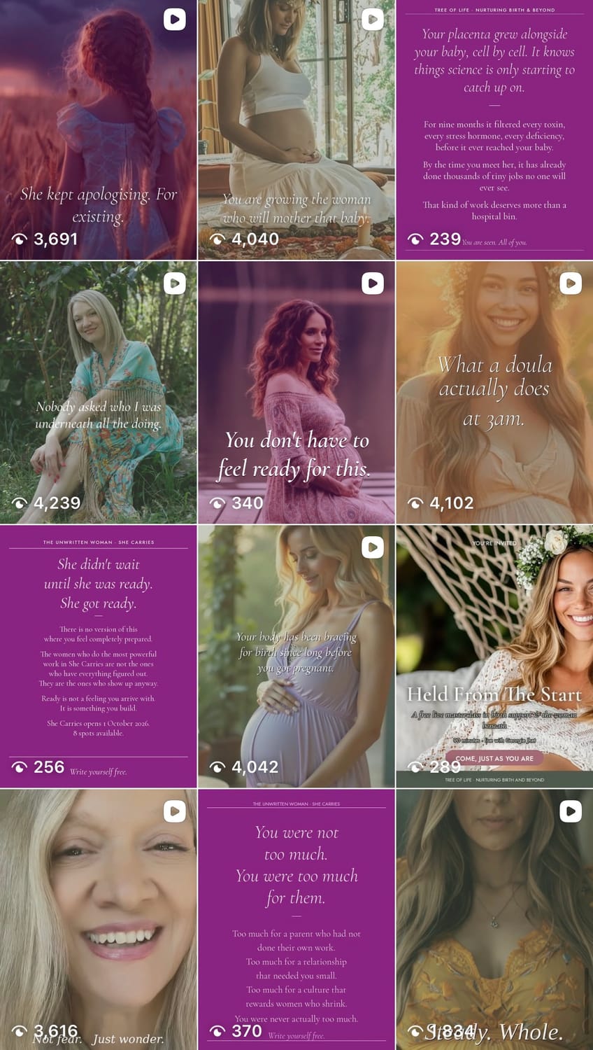 Instagram grid showing recent Reels and view counts