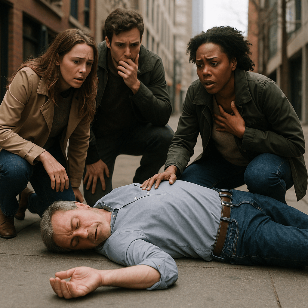 People helping unconscious man