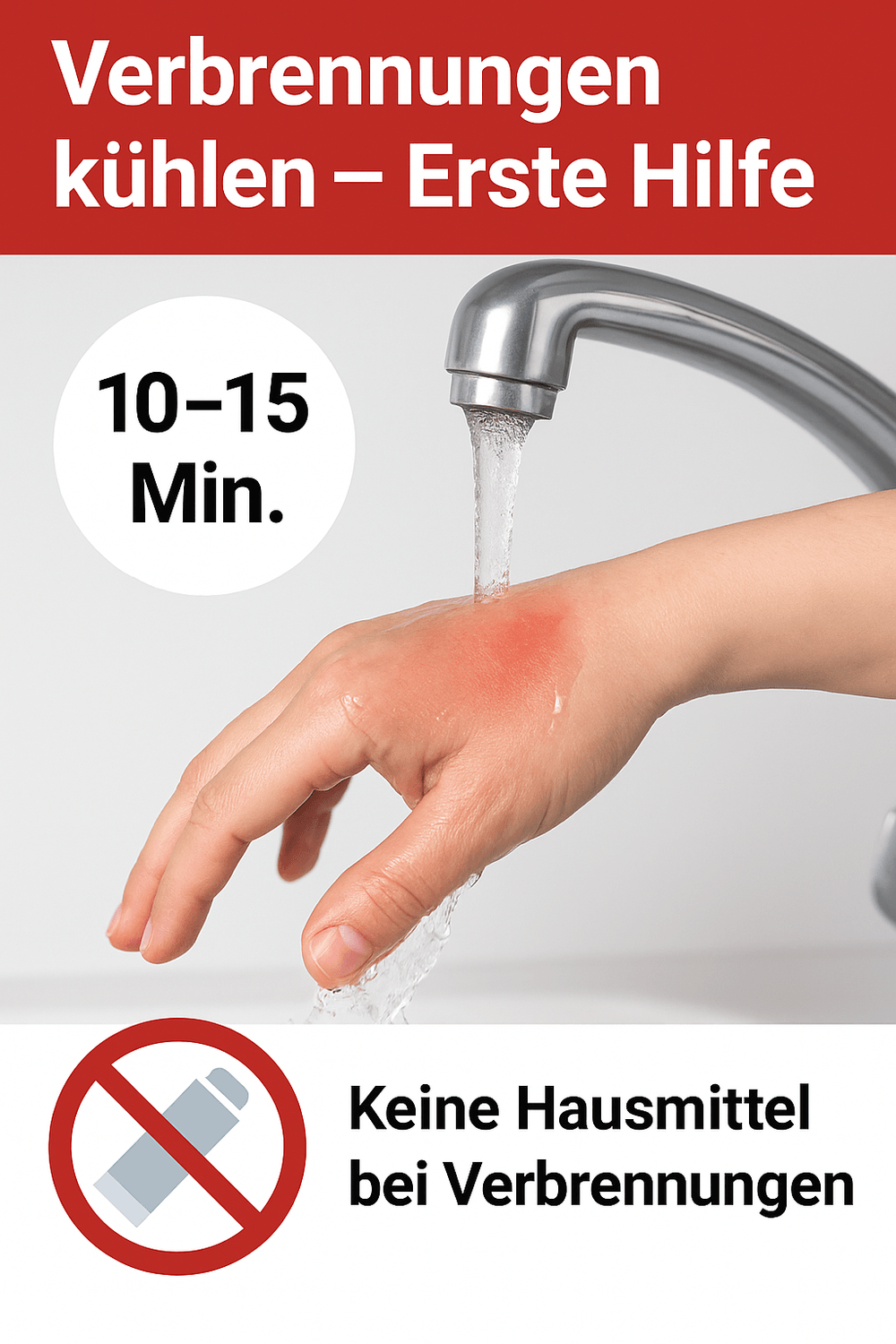 Verbrennungen kühlen: Hand unter kühles, fließendes Wasser (10–20 Min); keine Hausmittel wie Öl, Mehl oder Zahnpasta.