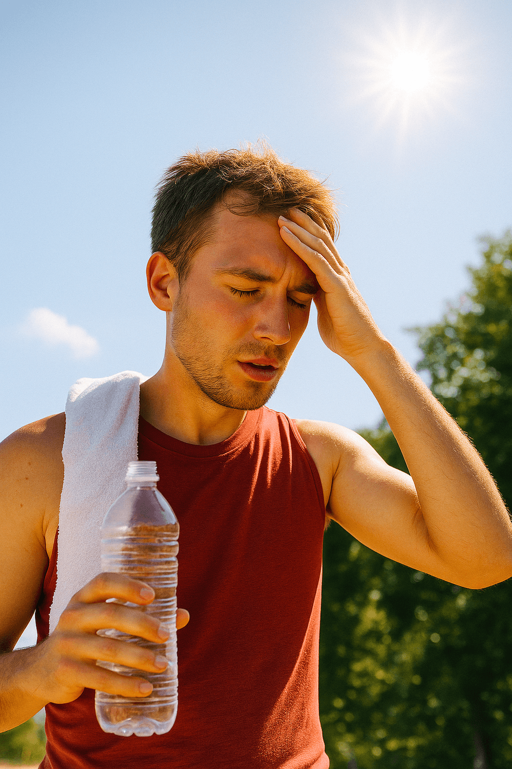 Sportler joggt bei starker Sonne, wischt sich den Schweiß von der Stirn und hält eine Wasserflasche – Symbol für Sommerhitze und Überlastung beim Sport.