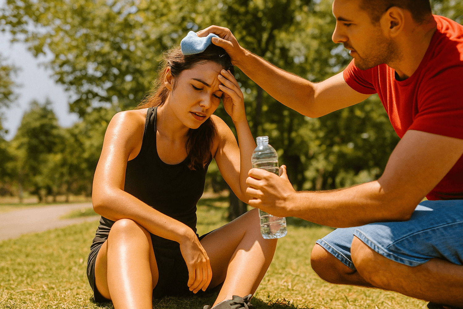 Frau sitzt erschöpft im Schatten, während ein Helfer ihre Stirn mit einem feuchten Tuch kühlt und ihr eine Wasserflasche reicht – Erste Hilfe bei Hitzschlag im Sommer.