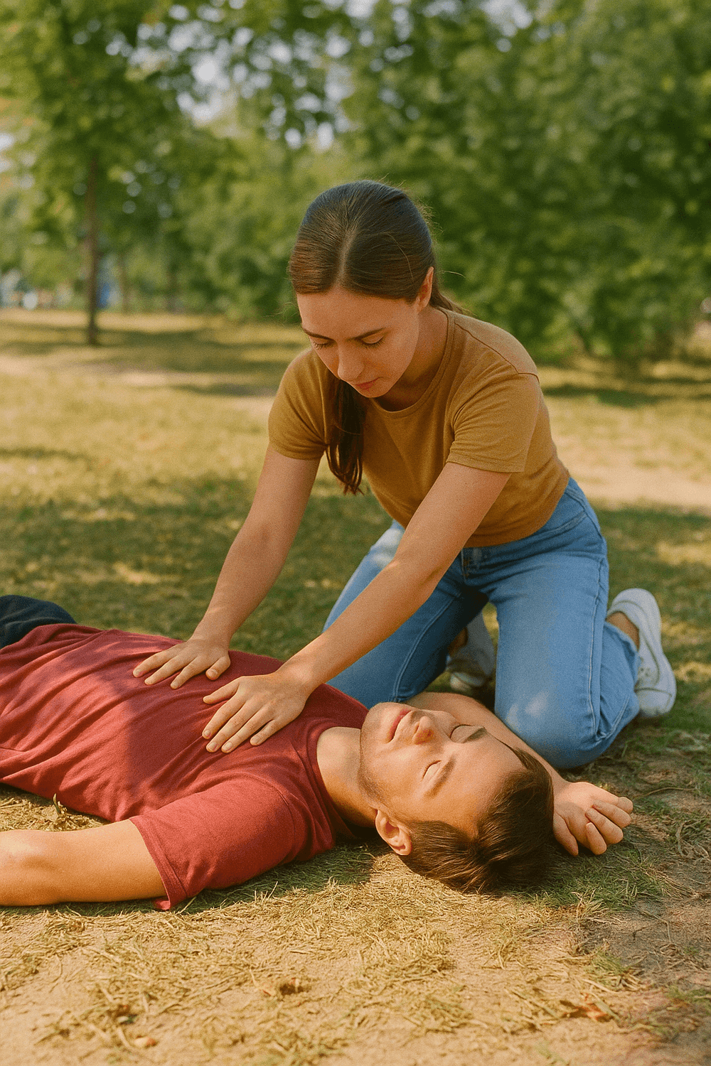 Eine Helferin bringt einen bewusstlosen Mann im Park in stabile Seitenlage bei sonnigem Wetter – Symbol für Erste Hilfe bei Hitzschlag oder Kreislaufkollaps.“
