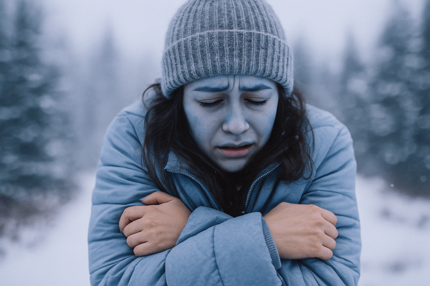 Frierende Person mit blasser, bläulicher Haut im Gesicht – typisches Anzeichen einer Unterkühlung im Winter.