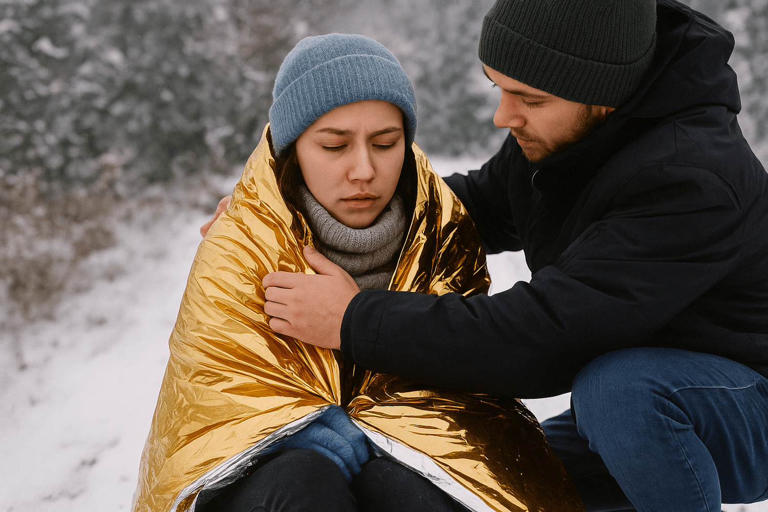 Erste Hilfe bei Unterkühlung – eine Person wird im Schnee von einem Helfer fürsorglich in eine goldene Rettungsdecke eingewickelt, um die Körperwärme zu stabilisieren.