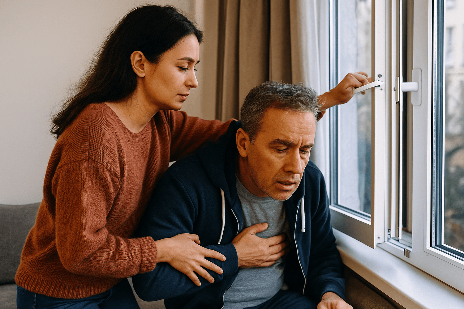 Helfer öffnet Fenster und sorgt für Frischluft bei einer Person mit Atemnot – Erste Hilfe Maßnahme.