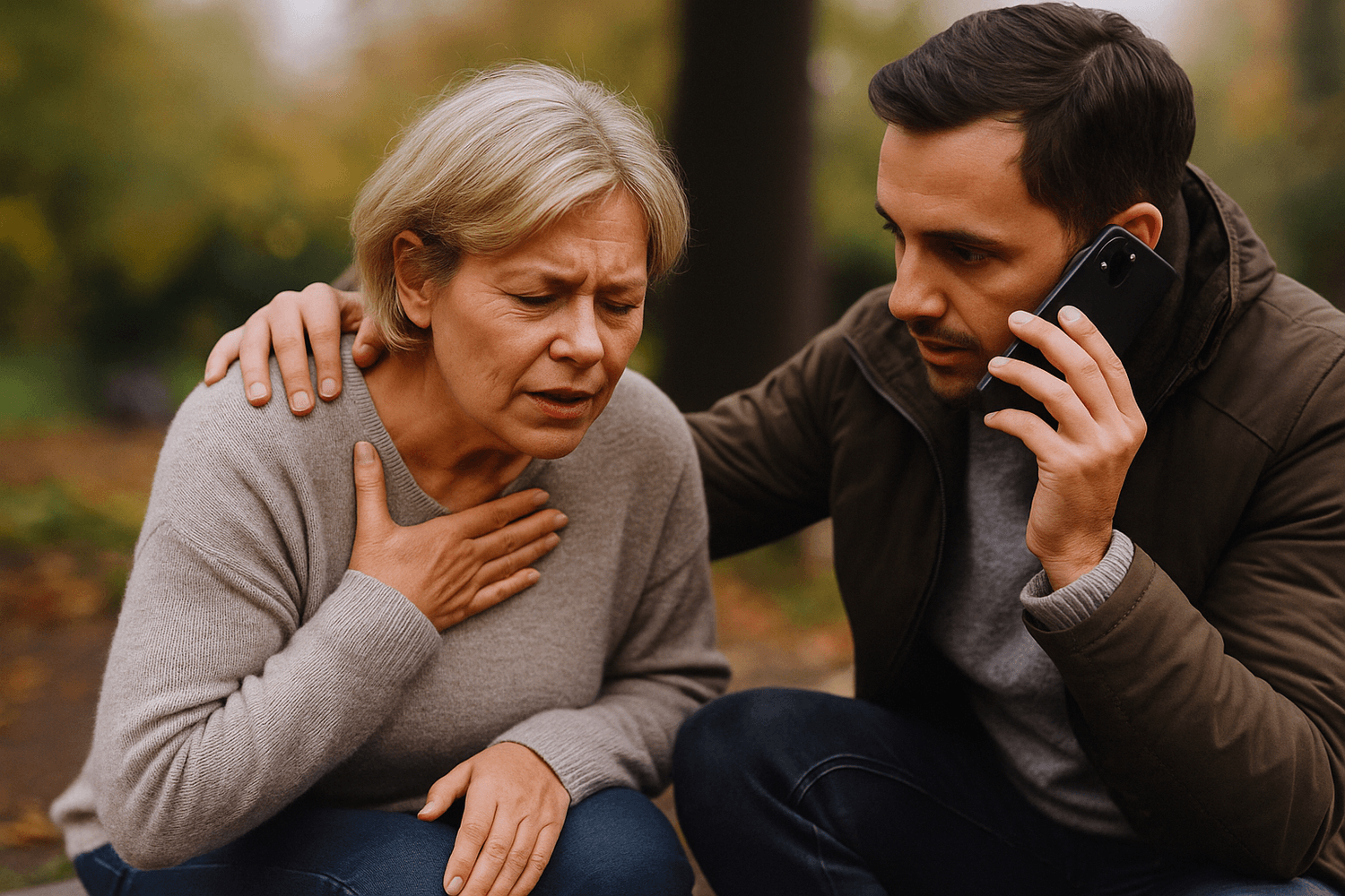 Helfer ruft den Notruf 112 mit dem Handy, während er ruhig neben einer Frau mit Atemnot sitzt und sie unterstützt.
